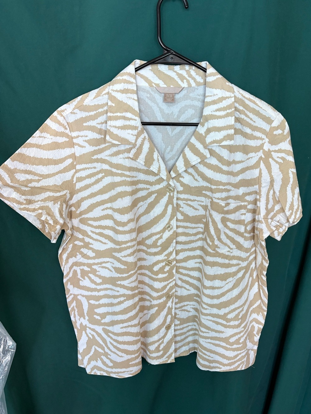 White Stag Beige and White Zebra-Print Button Front Top